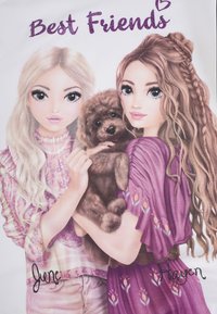 Illustrazione di due ragazze con i capelli lunghi, una in cima con un motivo rosa, l'altra in un vestito viola, che tengono un cucciolo marrone, con il testo "Migliori Amiche" sopra.