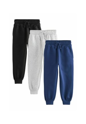 Tri páry teplákových nohavíc v čiernej, svetlo sivej a tmavomodrej farbe, každé s elastickým pásom a sťahovacou šnúrkou, zobrazené vedľa seba.