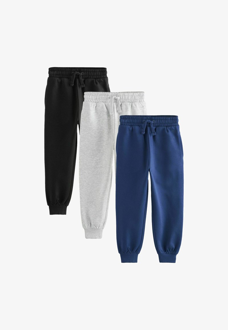 Trois paires de pantalons de jogging en noir, gris clair et bleu marine, chacune avec une taille élastique et des cordons, affichées côte à côte.