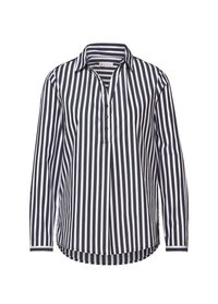 Camicia a maniche lunghe a righe verticali blu navy e bianche, con una patta con bottoni e un tessuto morbido e testurizzato, con un orlo arrotondato.