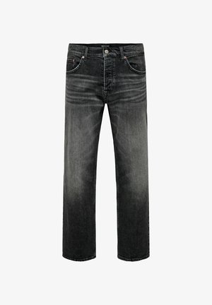 Juodos skalbimo efekto tiesaus kirpimo džinsai su penkiais kišenėmis, sagčių uždarymu ir subtiliais išblukimo akcentais priekinėse šlaunų ir kelių dalyse.