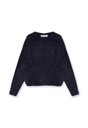 Maglione cropped blu navy realizzato in materiale morbido. Presenta maniche lunghe e scollo rotondo. Etichetta visibile al collo.
