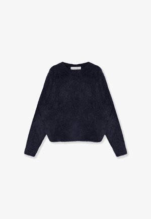 Pull court bleu marine en matière moelleuse. Présente des manches longues et un col rond. Étiquette visible au niveau du col.
