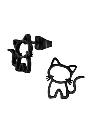 Zwarte metalen oorstekers in de vorm van de omtrek van een kat met puntige oren, snorharen en een gebogen staart op een witte achtergrond.