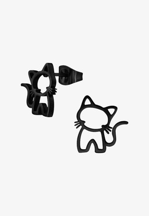 Boucles d'oreilles clous en métal noir en forme de contour d'un chat avec des oreilles pointues, des moustaches et une queue courbée sur fond blanc.