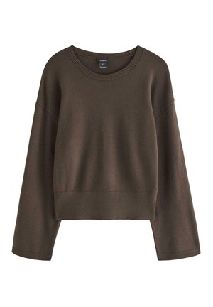 Maglione marrone scuro a maniche lunghe in maglia con scollo rotondo e polsini e orlo a coste, mostrato su sfondo bianco.
