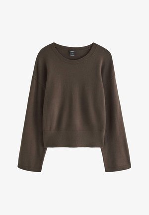 Maglione marrone scuro a maniche lunghe in maglia con scollo rotondo e polsini e orlo a coste, mostrato su sfondo bianco.