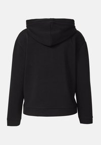 Czarna bluza z kapturem o miękkiej fakturze, posiadająca kaptur, długie rękawy i luźny krój. Bez widocznych wzorów i dodatków metalowych.