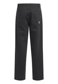 Black, straight-leg pants made of denim, featuring two back pockets and a logo detail above the right pocket.