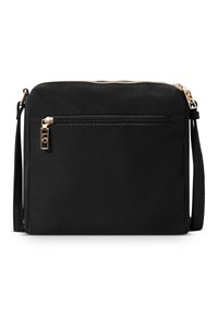 Borsa a tracolla nera realizzata in tessuto resistente, con una cerniera in tonalità oro e una tasca frontale con chiusura zip. Design rettangolare semplice.