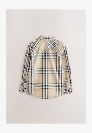 Cămașă bej în carouri, cu guler, având accente negre, albe și albastre. Mâneci lungi cu manșete cu nasturi și tiv curbat.