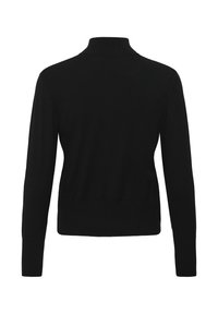Fekete pulóver magas gallérral, hosszú ujjakkal és testhezálló sziluettel. Sima, puha anyagból készült, minták vagy kiegészítők nélkül.