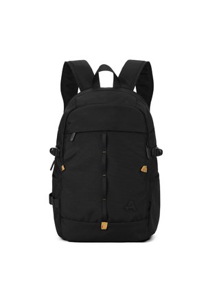 Zaino nero realizzato in tessuto resistente, dotato di spallacci regolabili, numerose tasche e dettagli dorati sulle zip e sui lati.