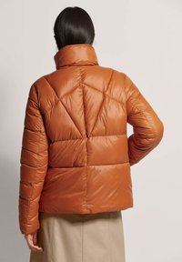 Pufferjack in warm bruin, met een hoge kraag en geometrische gestikte details. Gladde, glanzende textuur met een boxy silhouet.