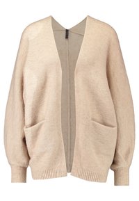 Beige pletený kardigan s výstřihem do V, otevřeným předním dílem a dvěma předními kapsami. Má pružné manžety a lemování, s měkkou texturou.