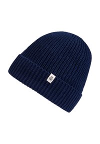Navy knitted beanie with a ribbed design, featuring a small label. Soft texture, rounded crown, and folded cuff.
