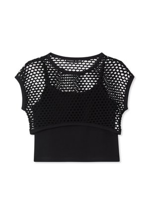 Top nero corto con un sottile strato interno aderente senza maniche e una sovrapposizione ampia e corta con maniche corte realizzata in mesh con fori rotondi.