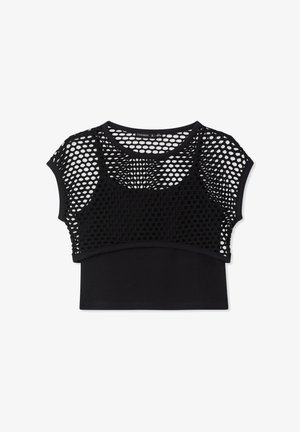 Czarny krótki top z dopasowaną, bezrękawnikową warstwą pod spodem i luźną, krótką warstwą z dużej siatki z okrągłymi otworami.