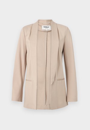 Blazer beige à ouverture frontale, manches longues, col châle et deux poches passepoilées avant, conçu par la marque Only.