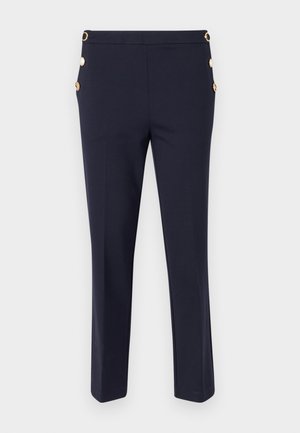 Navy blue pants made of smooth fabric, featuring a slim fit, subtle texture, and gold-button accents on the side pockets.