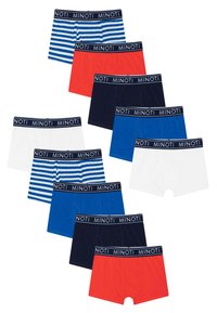 Ensemble de dix slips pour garçons en différentes couleurs : bleu, rouge, marine et blanc, avec un design rayé sur un des modèles. Ceinture élastique avec le logo "MINOTI".