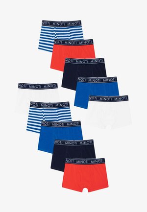 Ensemble de dix slips pour garçons en différentes couleurs : bleu, rouge, marine et blanc, avec un design rayé sur un des modèles. Ceinture élastique avec le logo "MINOTI".