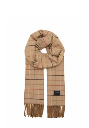 Sciarpa di lana beige con estremità a frange e motivo a quadri multicolore, con una targhetta rettangolare nera con testo bianco.