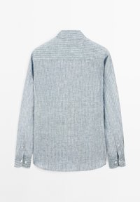 Long-sleeve buttoned shirt with thin vertical blue and white stripes, shown from the back on a white background.
