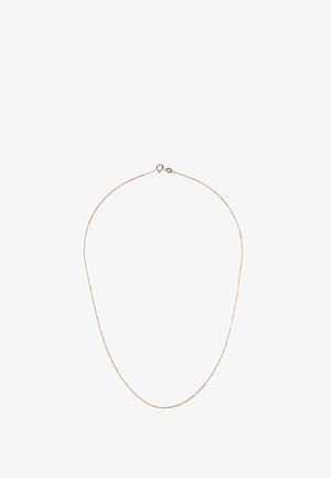 Collana in metallo tono oro con una catena sottile e delicata e un semplice fermaglio. Presenta una texture liscia senza motivi o decorazioni visibili.