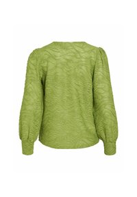 Blouse verte texturée avec de longues manches bouffantes, arborant un motif de vagues et un col rond. Le matériau semble léger et légèrement transparent.