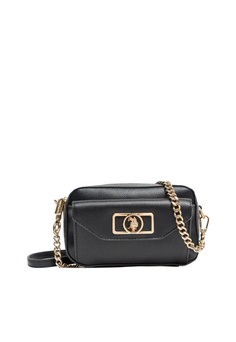 Borsa a tracolla in pelle nera con finitura strutturata, hardware dorato, tracolla a catena e tasca frontale con emblema decorativo.