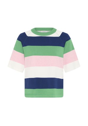 Pull en maille à manches courtes avec des rayures horizontales vertes, bleu marine, roses et blanches. Il présente un col rond côtelé et une coupe carrée.