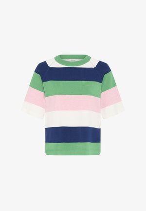 Pull en maille à manches courtes avec des rayures horizontales vertes, bleu marine, roses et blanches. Il présente un col rond côtelé et une coupe carrée.
