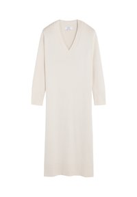 Vestido de suéter en crema suave con escote en V, hecho de tejido de punto. Presenta mangas de tres cuartos y agujeros decorativos a lo largo del escote y los puños.