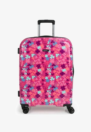 Valigia rigida rosa con motivo floreale in viola e azzurro chiaro, dotata di manico estraibile e quattro ruote girevoli per la mobilità.