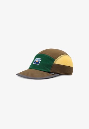 Brown, green, and yellow outdoor cap with mesh side panel, curved brim, and a mountain logo patch on the front.