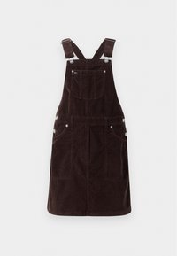 Brun corduroy dress med justerbare stropper, frontlommer og metall hardware aksenter. Designet for hverdagsbruk.