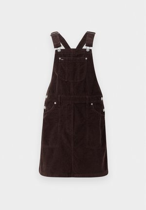 Abito in velluto a coste marrone con bretelle regolabili, tasche frontali e dettagli in metallo. Progettato per un look casual.