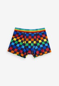 Farverige boxer shorts med et ternet mønster i blå, rød, grøn og gul, med en multifarvet stribet elastisk talje.
