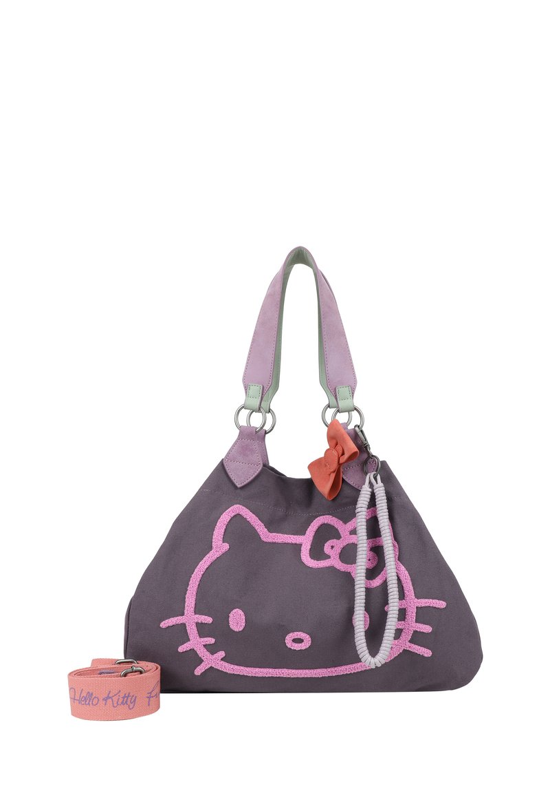 Sac en tissu gris avec un design brodé de Hello Kitty en rose, de doubles anses pastel et une bandoulière détachable avec un accent en forme de nœud.