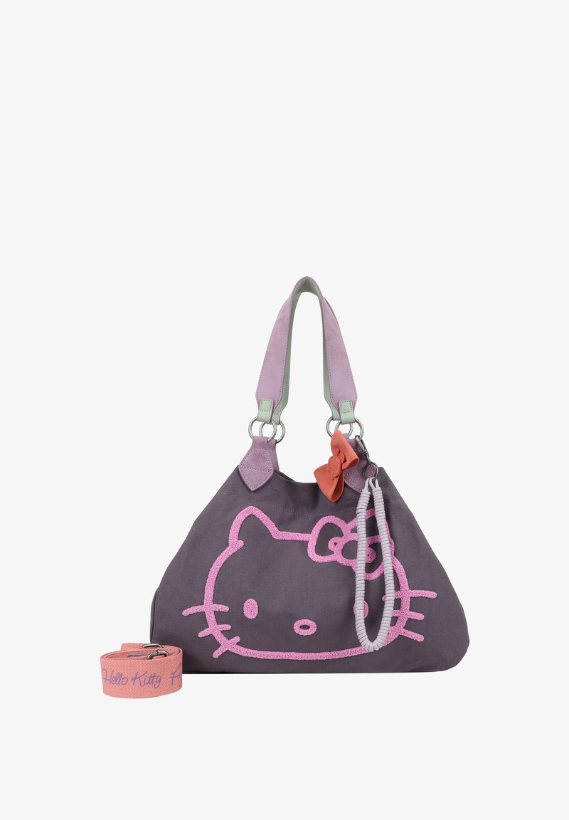 Sac en tissu gris avec un design brodé de Hello Kitty en rose, de doubles anses pastel et une bandoulière détachable avec un accent en forme de nœud.
