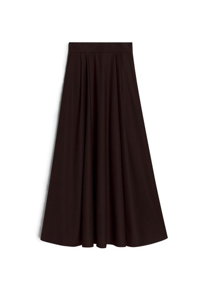 Pleated, floor-length skirt in dark brown fabric. Features a high waist and a smooth, textured surface with no visible patterns or embellishments.
