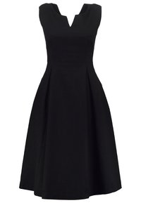 Robe noire avec décolleté en V, sans manches et jupe plissée. Fabriquée en tissu texturé, avec une silhouette classique en A.