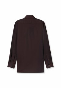 Bruine langartshirts met een kraag, voorzien van knoopmanchetten en een gladde textuur. De achterkant is effen zonder patronen of accenten.
