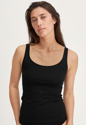 Zwart tanktop met dunne banden, ronde halslijn en aansluitend ontwerp. Gemaakt van zachte, rekbare stof voor comfortabel dragen.