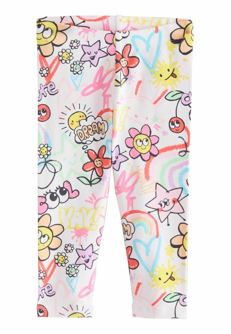 Färgglada tights med vit bakgrund som har en mängd lekfulla tecknade blommor, stjärnor och leende sol-designs i rosa, gult och grönt.