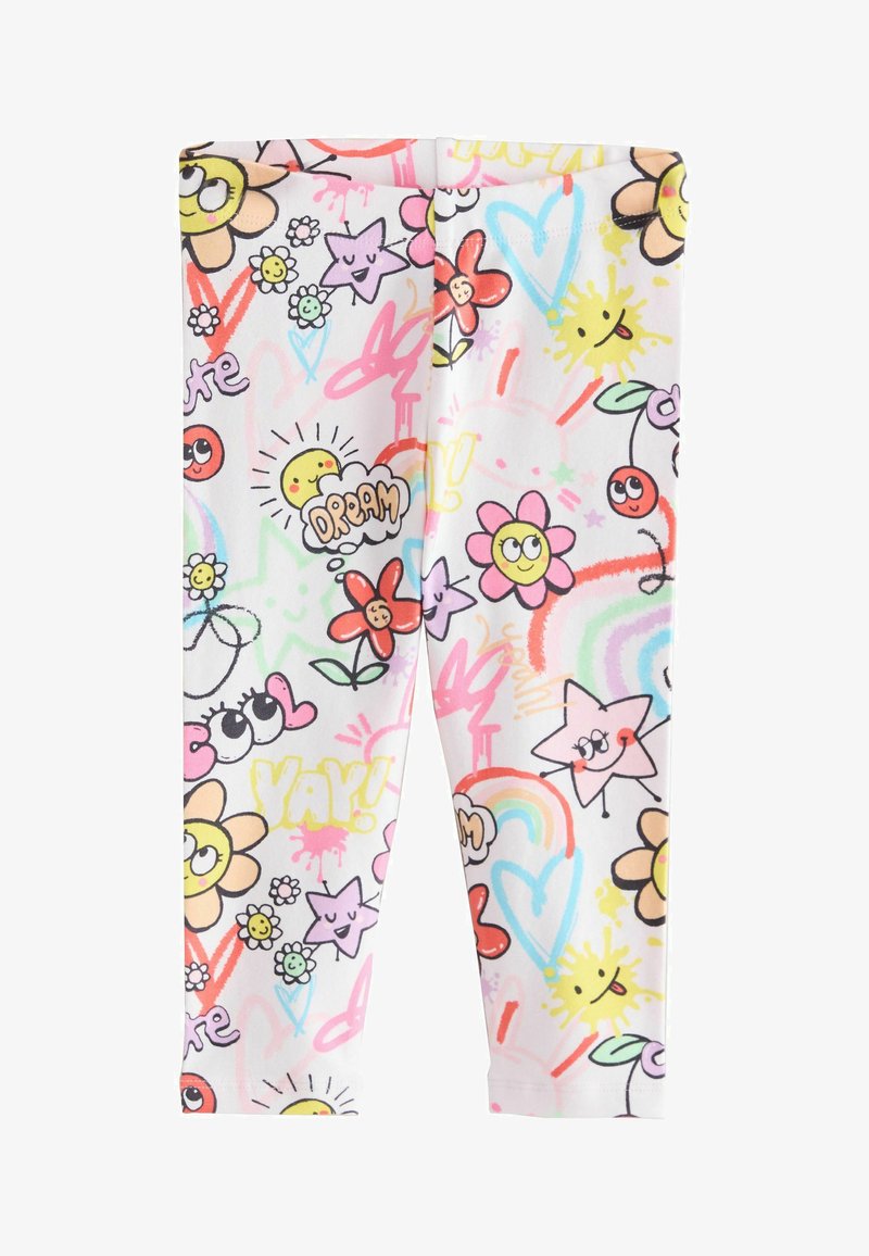 White leggings with colorful doodles of smiling flowers, stars, sun, cherries, hearts, rainbows, and words like "dream" and "yay."