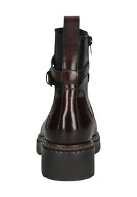 Braune Leder-Stiefelette mit glatter Oberfläche, seitlichem Reißverschluss und schwarzer Gummisohle. Sie hat eine abgerundete Zehenform und einen kurzen Blockabsatz.