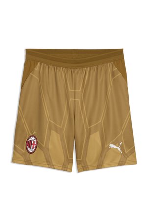 Lysebrune sportsshorts med AC Milan-logo på venstre ben og hvidt Puma-logo på højre ben med geometrisk mønster.