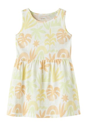 Vestido blanco sin mangas con patrones botánicos y arcoíris en tonos pastel amarillo y melocotón, cintura fruncida y escote redondo.